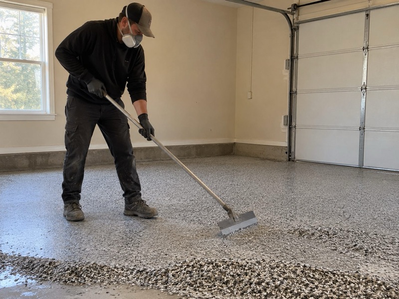 Worker in a mask raking decorative flakes across a two-car garage floor