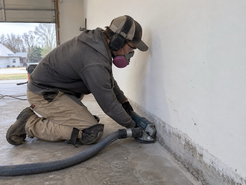 Worker in a respirator and ear protection grinding the concrete edge along a garage wall, with a dust hose attached