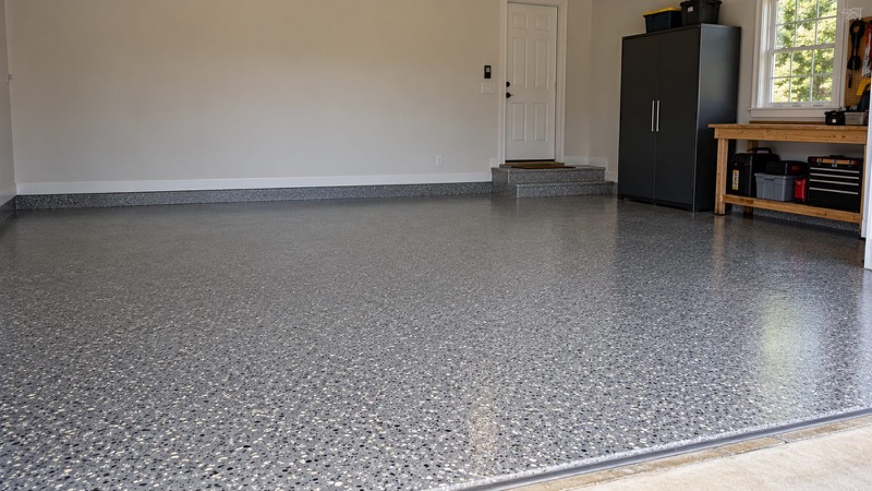 Gray speckled flake floor in a clean garage with a workbench, tool chest and dark storage cabinet