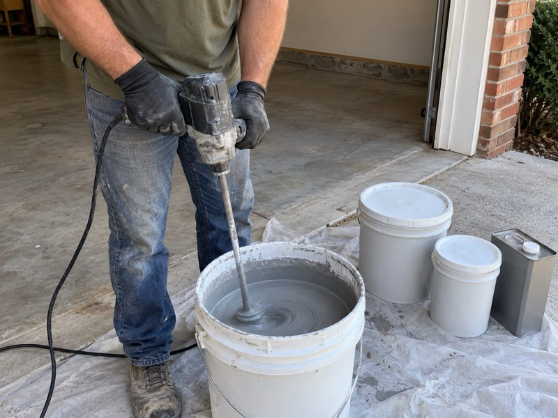 Gloved hands mixing gray floor coating in a bucket with a drill paddle on a covered driveway